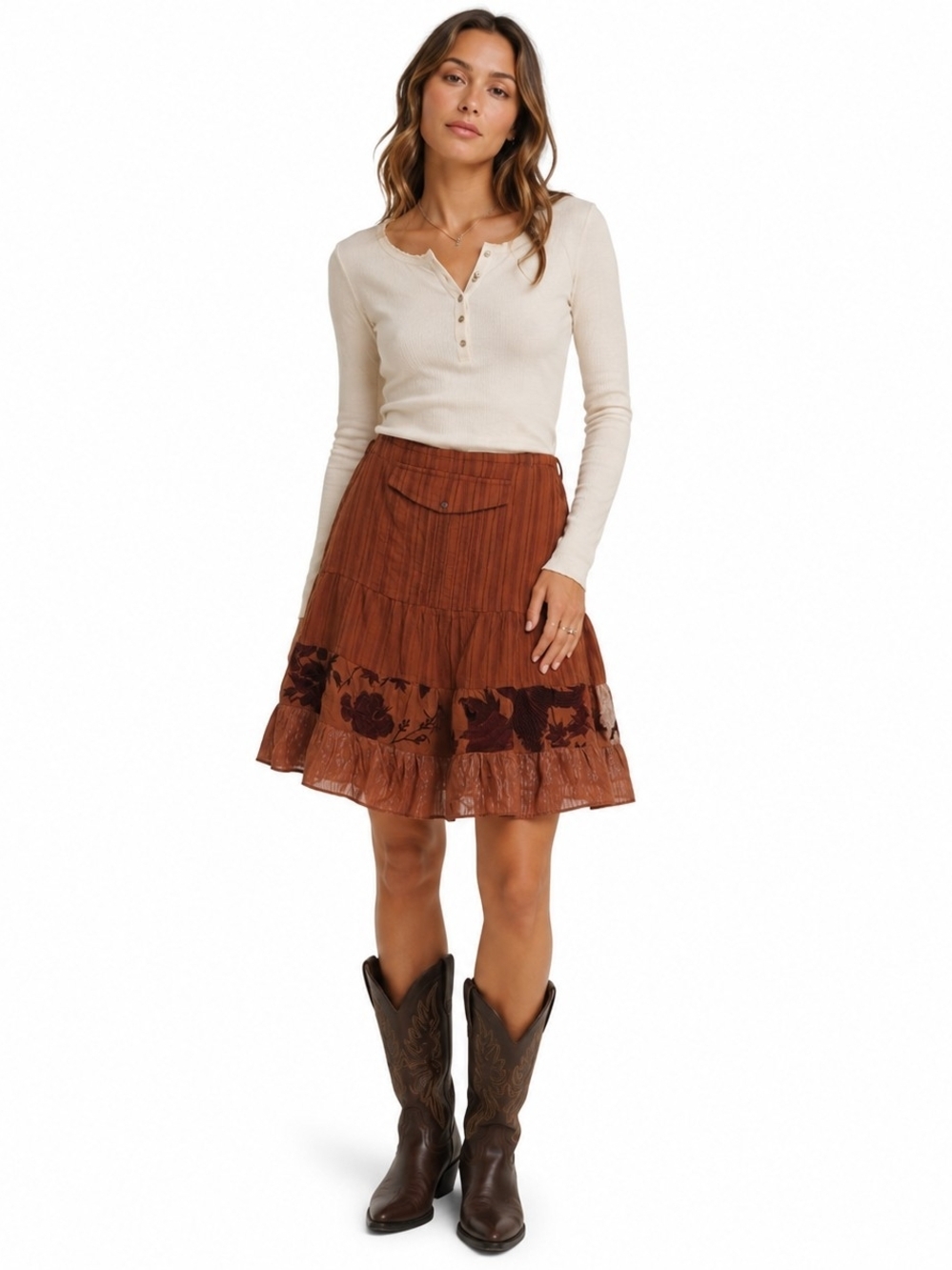 Custo Barcelona Boho Metallic Tiered Skirt NWT Brown Embroidered Festival 40, 10